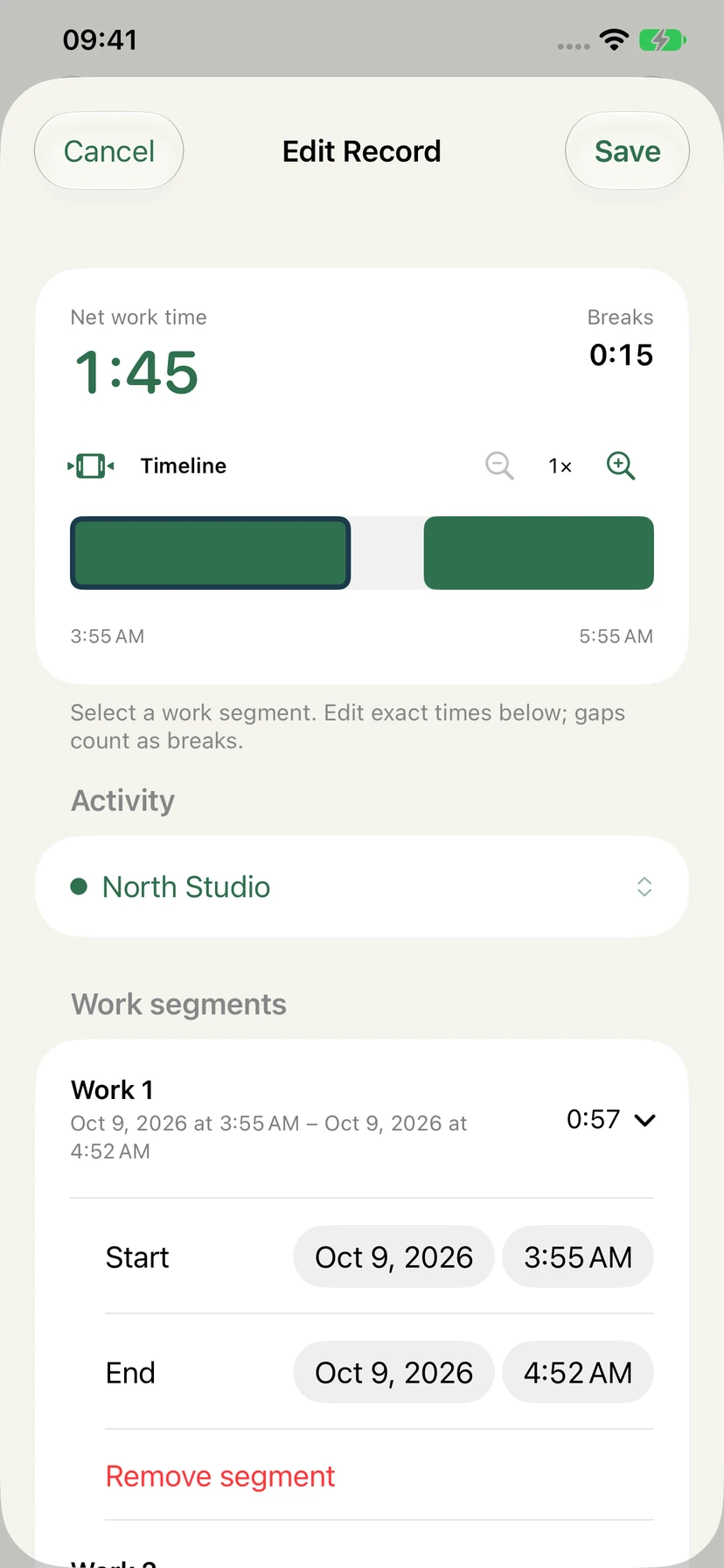 English Stempel 1.1 record editor showing work segments, a break and precise start and end times