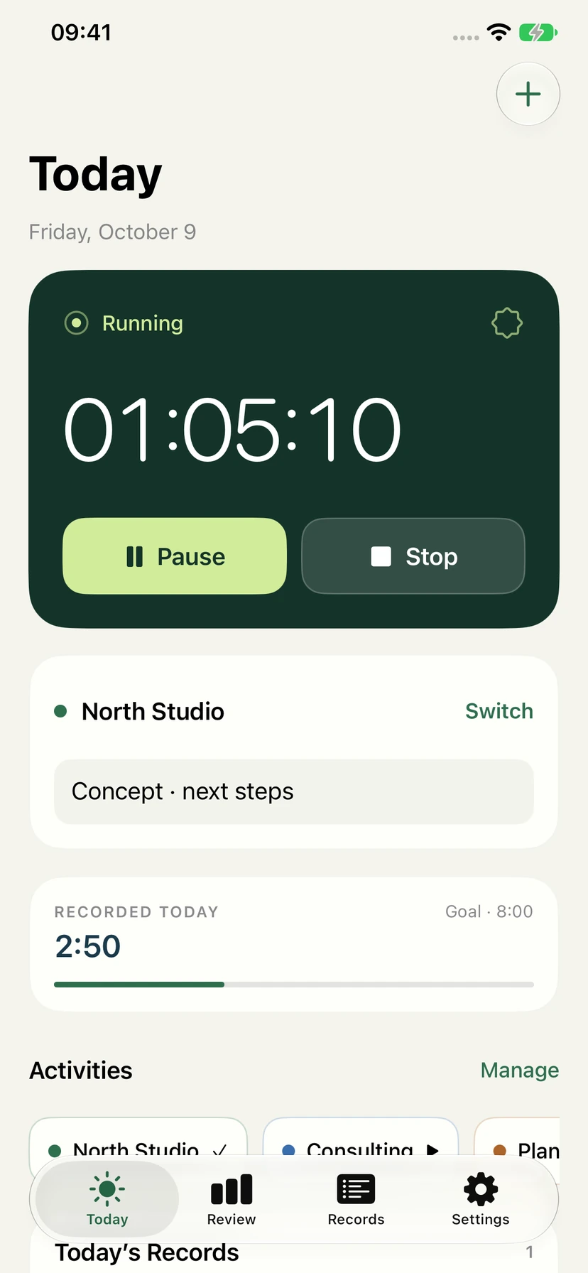 English Stempel 1.1 Today screen with a running timer, separate pause and stop buttons, and a selected activity