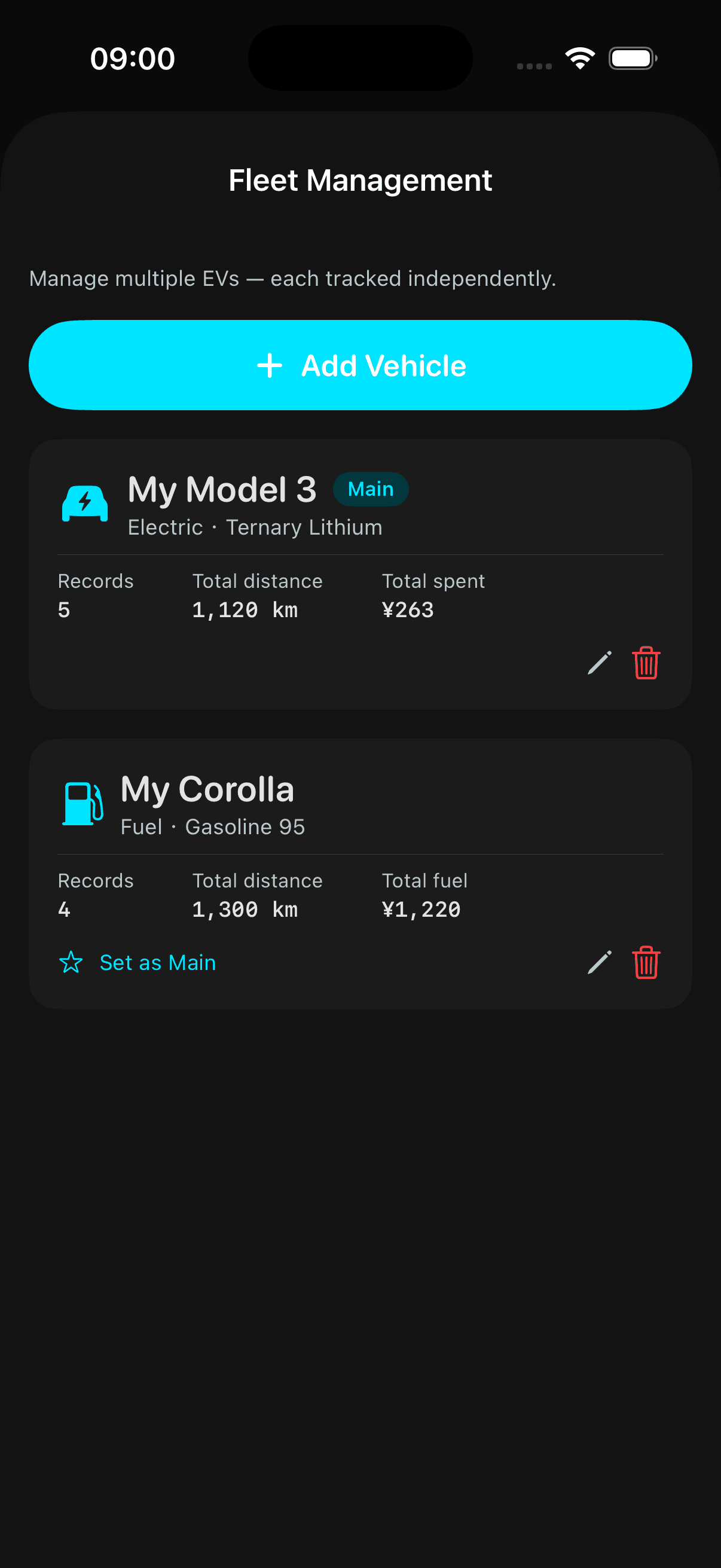 Fleet β manage EV and fuel vehicles separately
