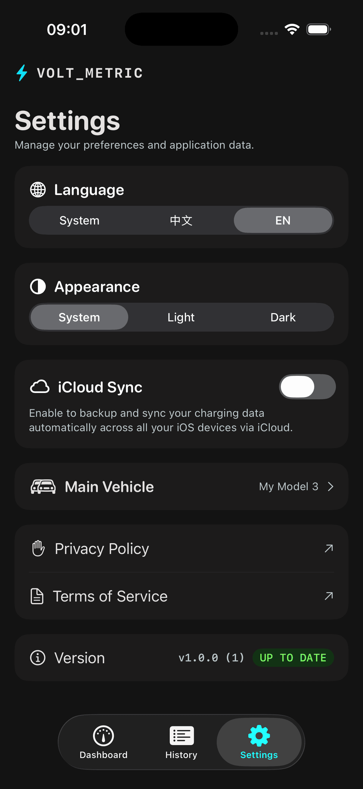 Settings β language, appearance, optional iCloud